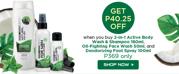 GET P40.25 OFF when you buy 2-n-1 Active Body Wash & Shampoo 180ml, Oil-Fighting Face Wash 50ml, and Deodorizing Foot Spray